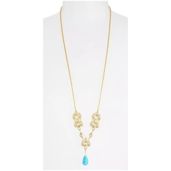 Alexis Bittar Gold Necklace Turquoise Teardrop Pendant Fashion Jewelry Women - Picture 3 of 5